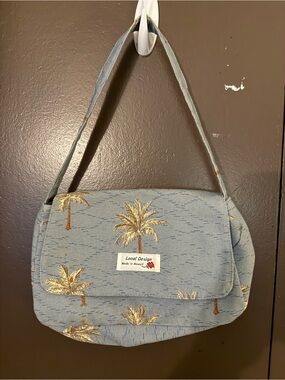 Hawaii's Finest Light Blue Shoulder Bag with Gold Palm Embroidery
